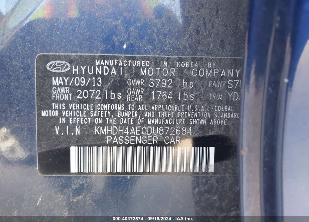 2013 HYUNDAI ELANTRA GLS VIN: KMHDH4AE0DU872684