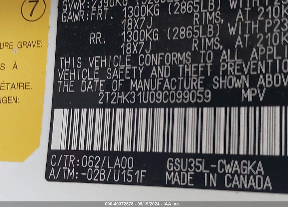 2009 LEXUS RX 350 VIN: 2T2HK31U09C099059