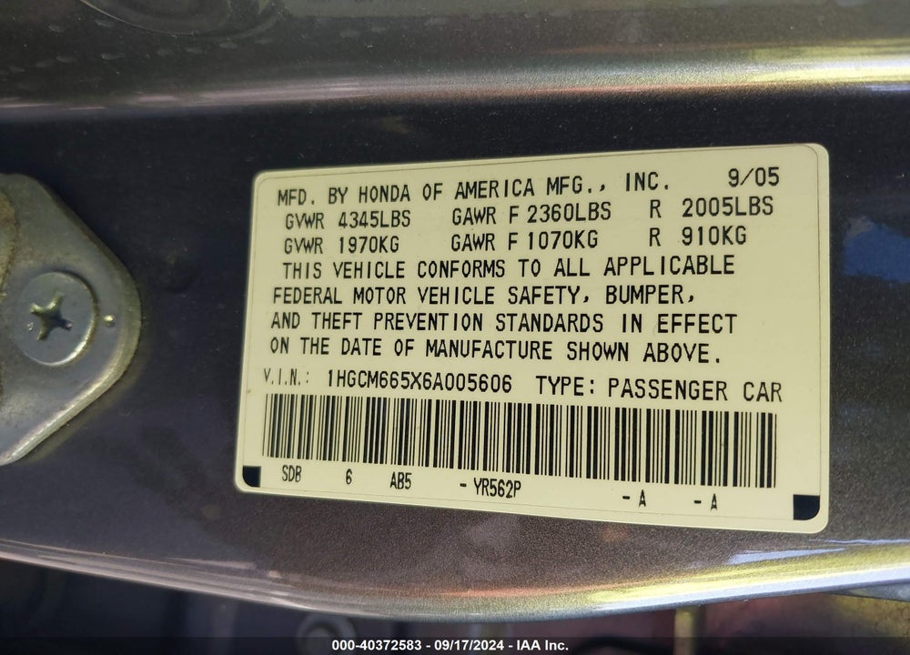 2006 HONDA ACCORD 3.0 EX VIN: 1HGCM665X6A005606