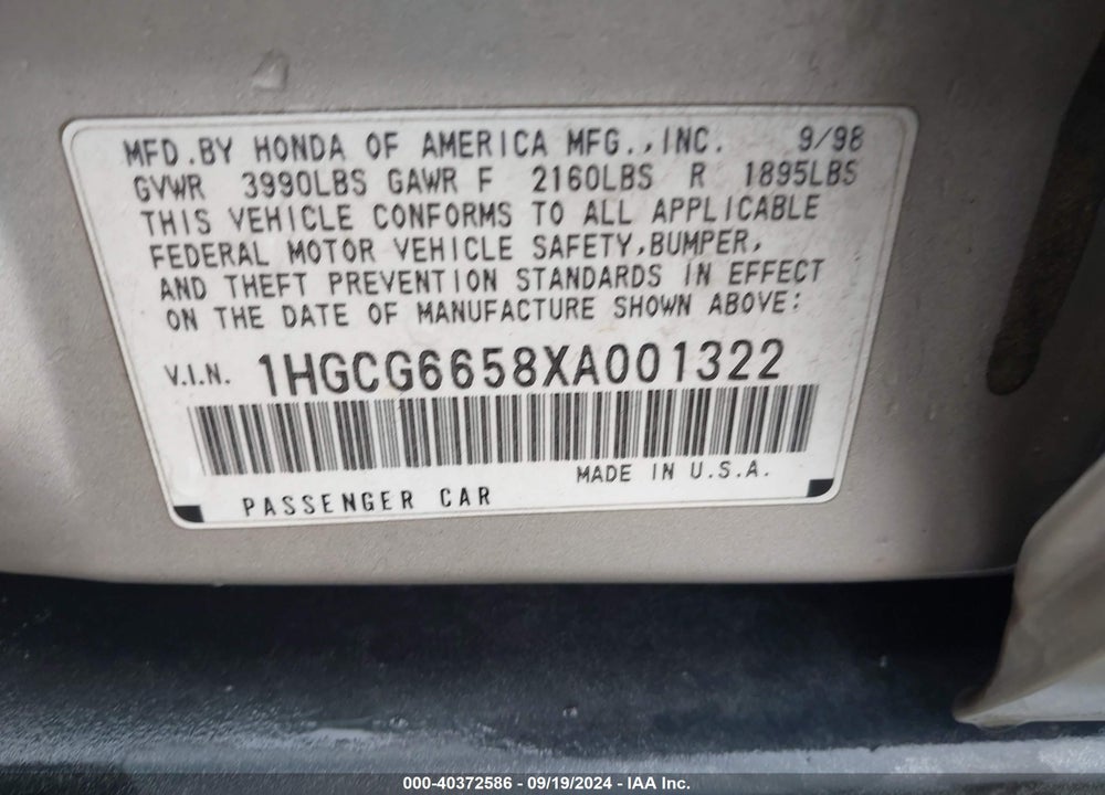 1999 HONDA ACCORD LX VIN: 1HGCG6658XA001322