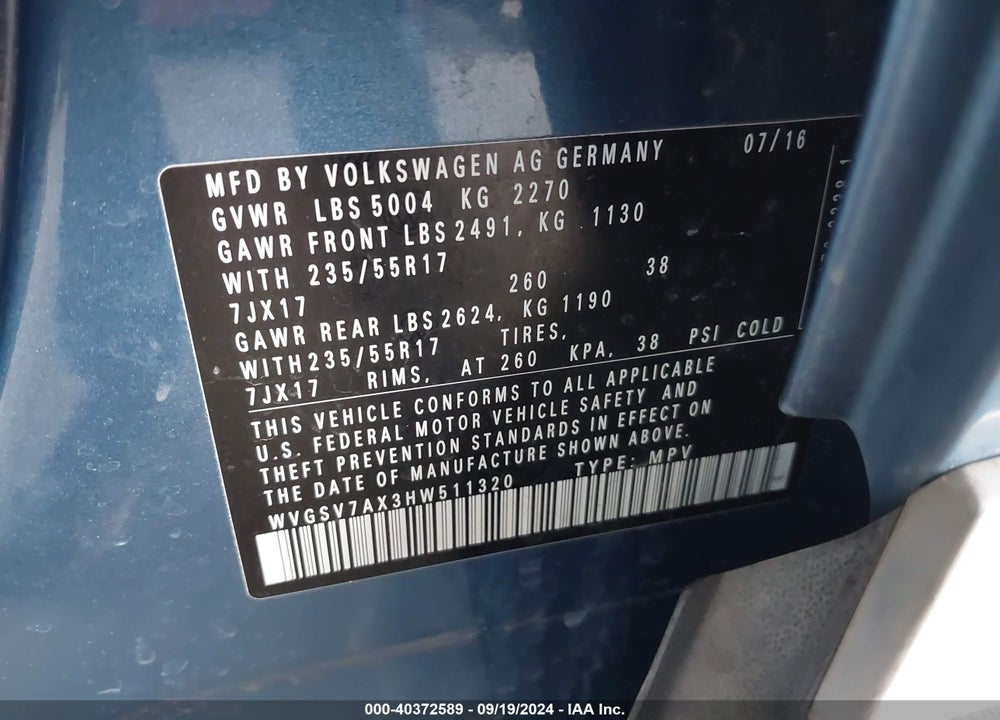 2017 VOLKSWAGEN TIGUAN 2.0T WOLFSBURG EDITION VIN: WVGSV7AX3HW511320