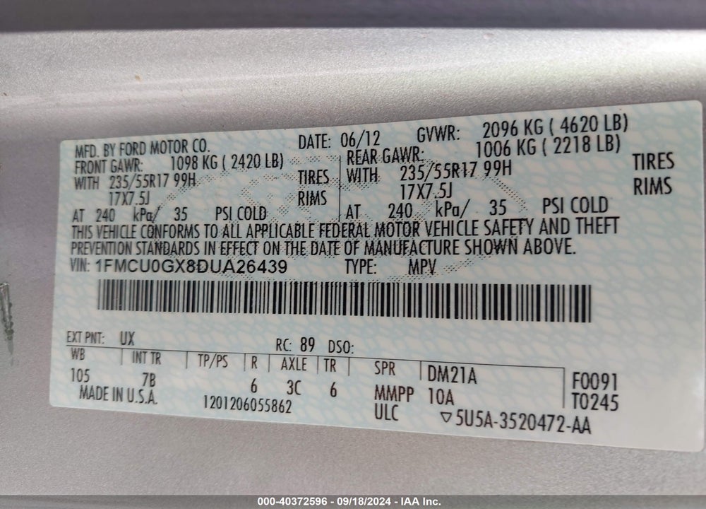 2013 FORD ESCAPE SE VIN: 1FMCU0GX8DUA26439