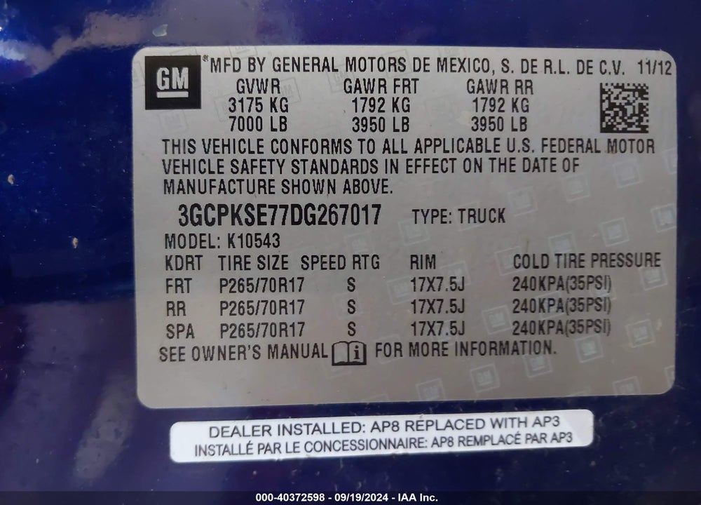 2013 CHEVROLET SILVERADO 1500 LT VIN: 3GCPKSE77DG267017