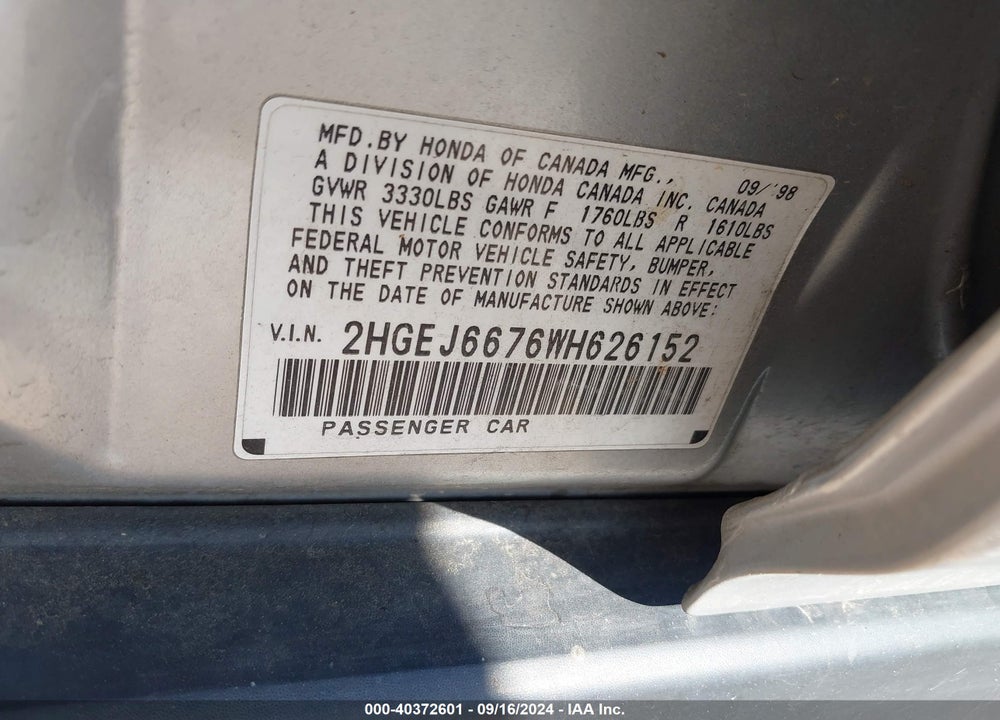 1998 HONDA CIVIC LX VIN: 2HGEJ6676WH626152