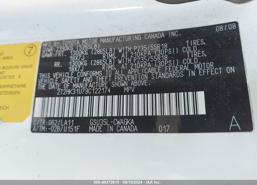 2009 LEXUS RX 350 VIN: 2T2HK31U79C122174