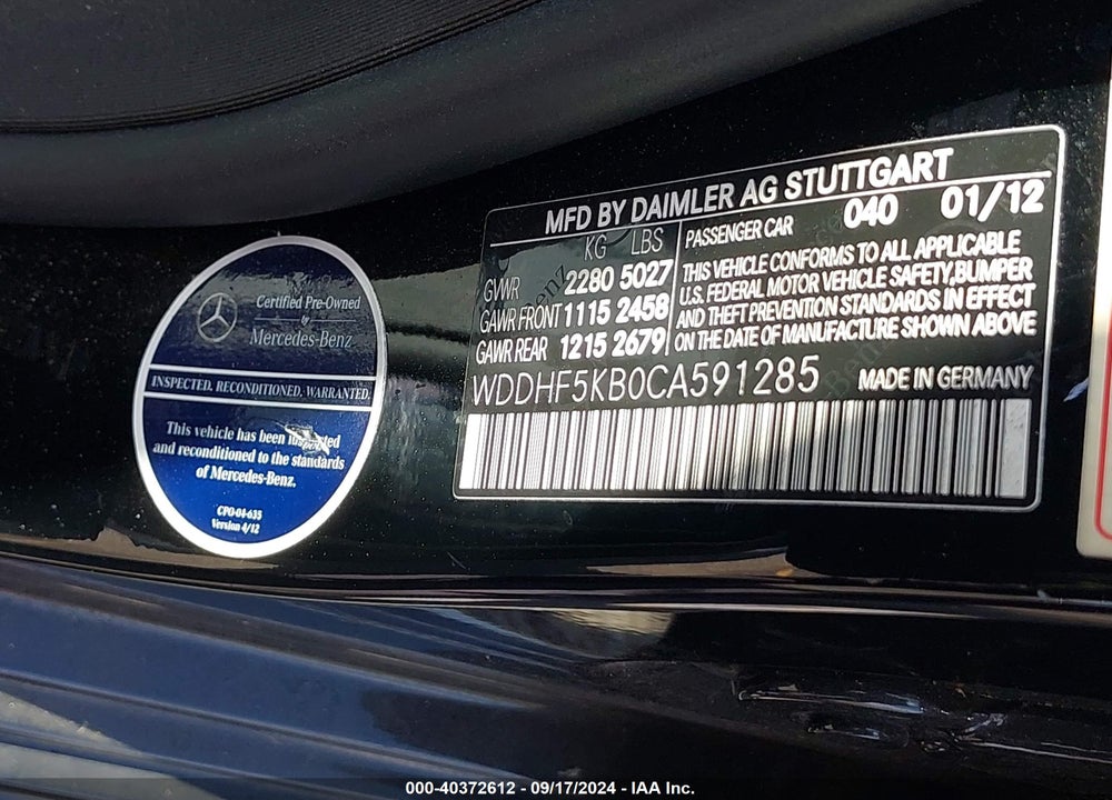 2012 MERCEDES-BENZ E 350 VIN: WDDHF5KB0CA591285