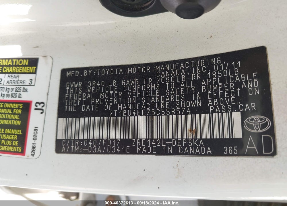 2011 TOYOTA COROLLA S VIN: 2T1BU4EE7BC558574