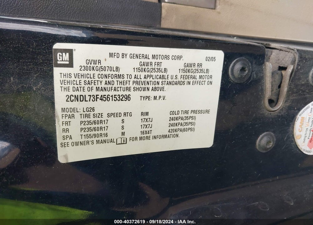 2005 CHEVROLET EQUINOX LT VIN: 2CNDL73F456153296