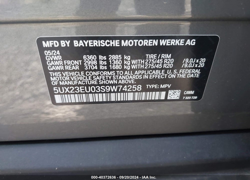2025 BMW X5 XDRIVE40I VIN: 5UX23EU03S9W74258