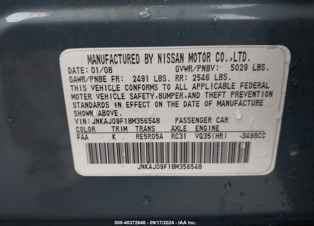 2008 INFINITI EX35 JOURNEY VIN: JNKAJ09F18M356548