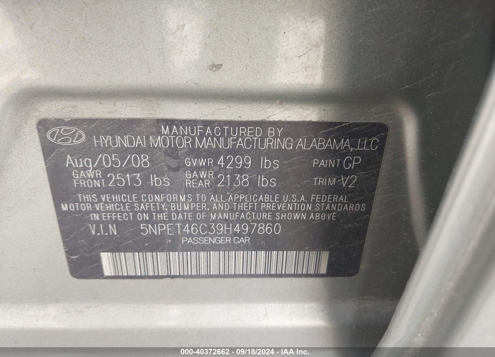 2009 HYUNDAI SONATA GLS VIN: 5NPET46C39H497860