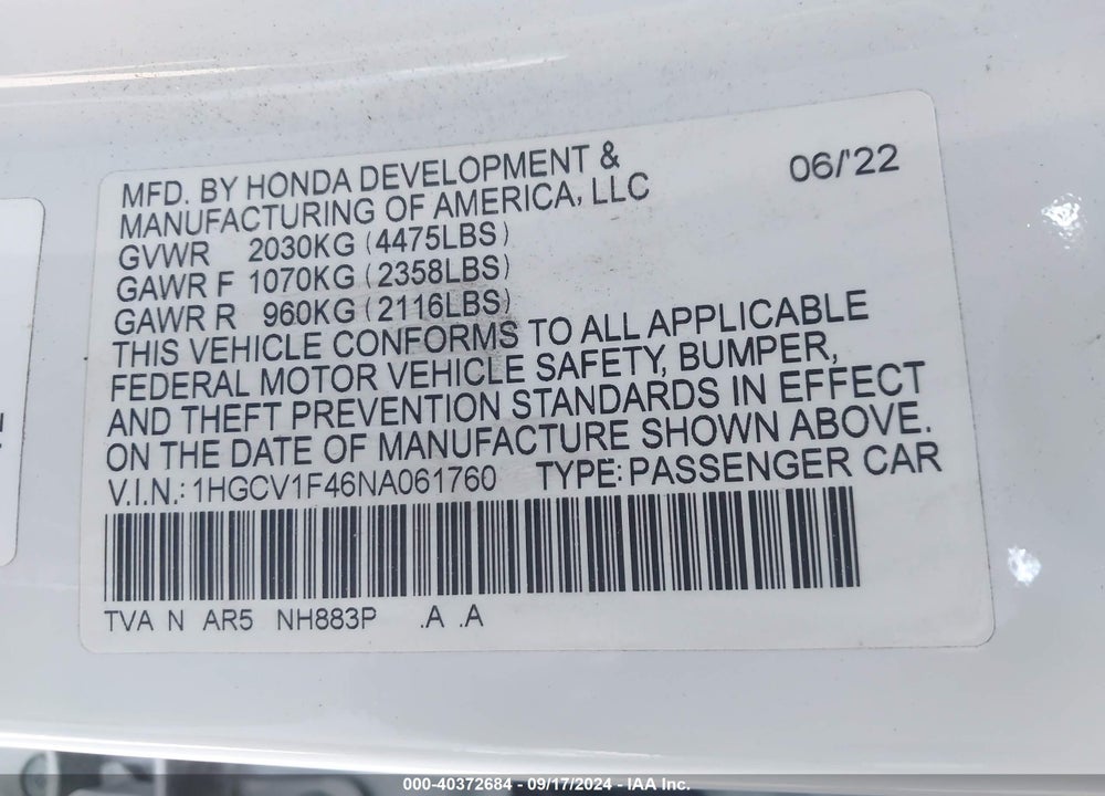 2022 HONDA ACCORD SPORT SPECIAL EDITION VIN: 1HGCV1F46NA061760