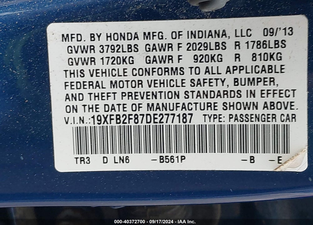 2013 HONDA CIVIC EX VIN: 19XFB2F87DE277187
