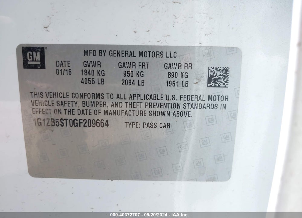 2016 CHEVROLET MALIBU LS VIN: 1G1ZB5ST0GF209664