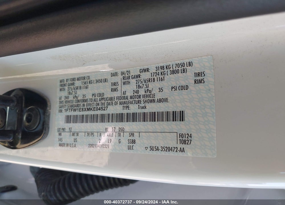 2021 FORD F-150 XLT VIN: 1FTFW1E8XMKE04527