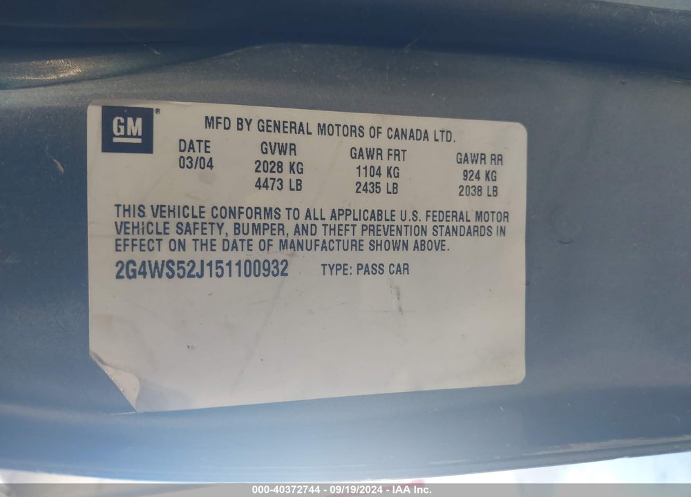 2005 BUICK CENTURY VIN: 2G4WS52J151100932