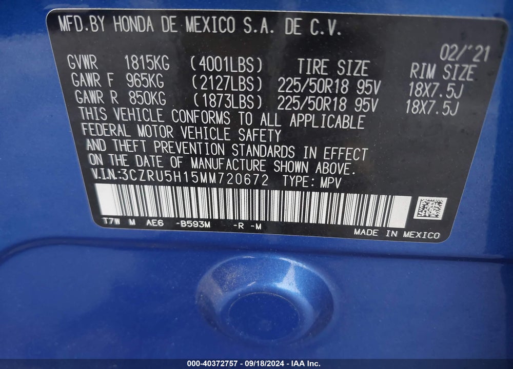 2021 HONDA HR-V 2WD SPORT VIN: 3CZRU5H15MM720672