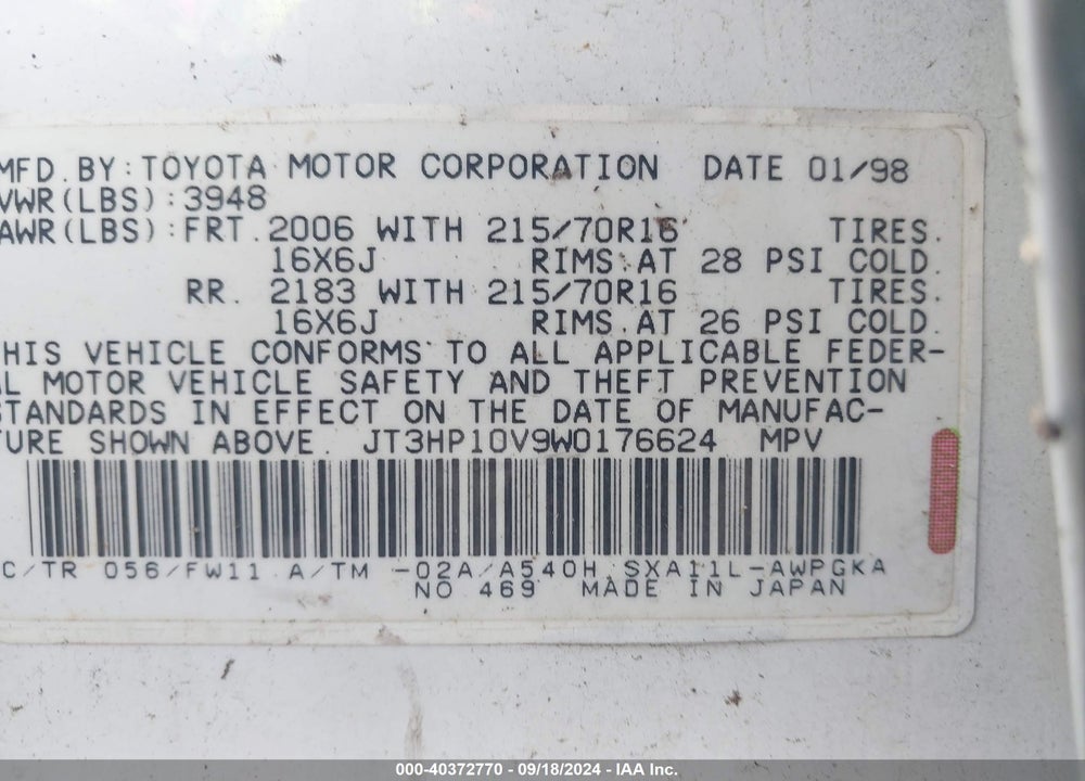 1998 TOYOTA RAV4 VIN: JT3HP10V9W0176624