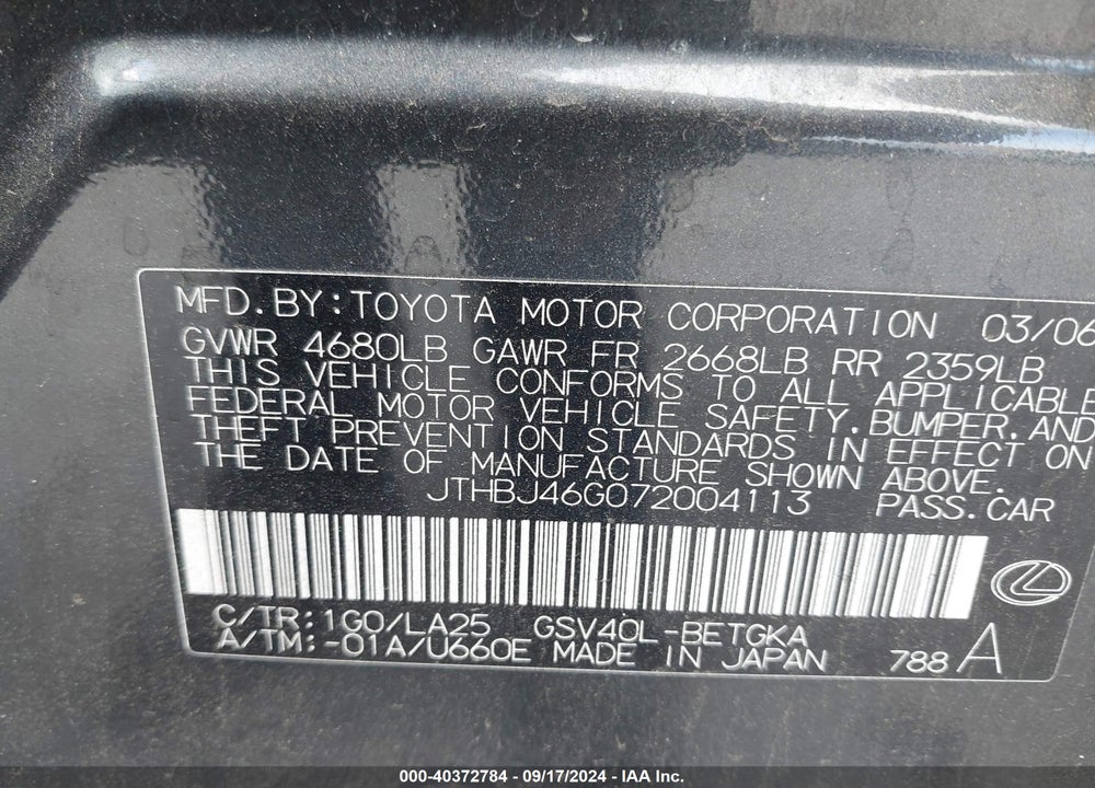 2007 LEXUS ES 350 VIN: JTHBJ46G072004113