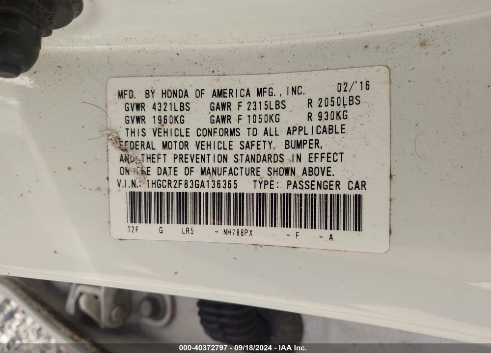 2016 HONDA ACCORD EX-L VIN: 1HGCR2F83GA136365
