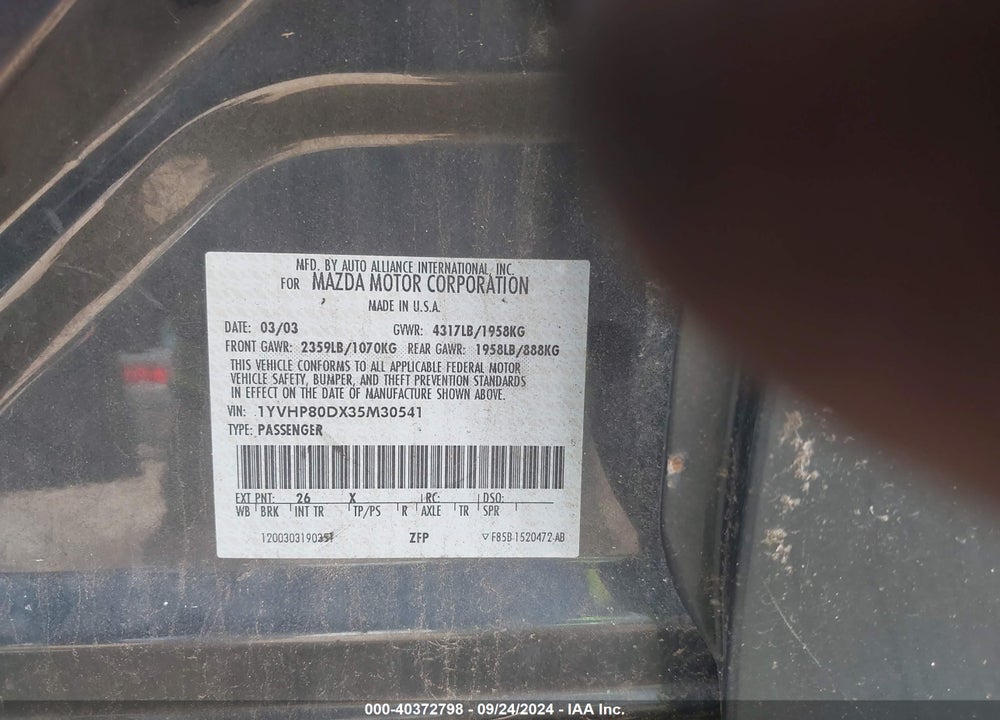 2003 MAZDA 6 S VIN: 1YVHP80DX35M30541