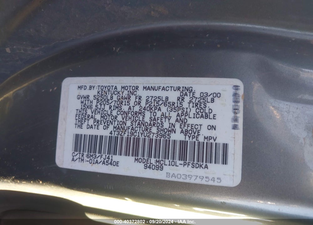 2000 TOYOTA SIENNA CE VIN: 4T3ZF19C1YU273965