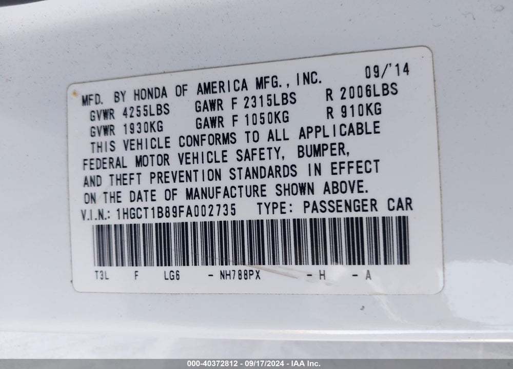 2015 HONDA ACCORD EX-L VIN: 1HGCT1B89FA002735