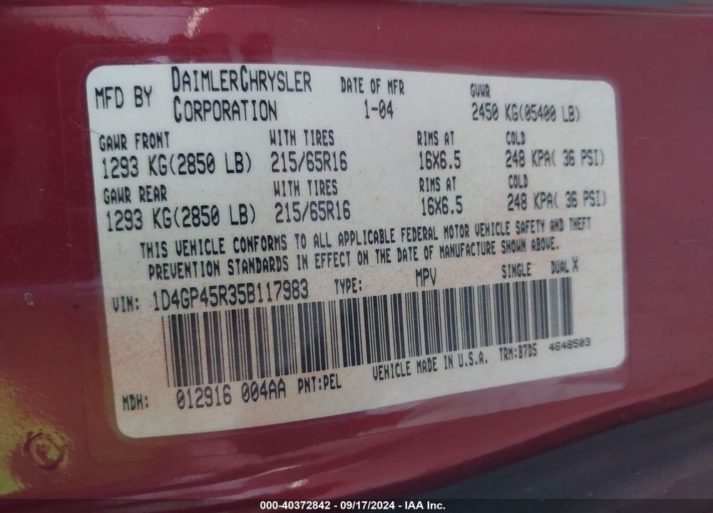 2005 DODGE CARAVAN SXT VIN: 1D4GP45R35B117983