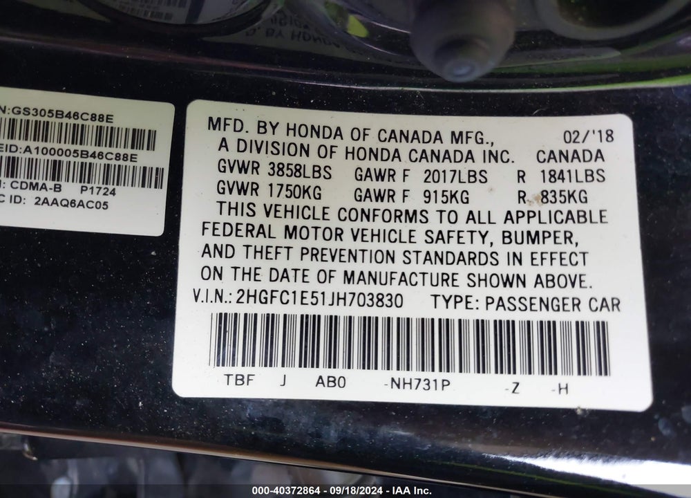 2018 HONDA CIVIC VIN: 2HGFC1E51JH703830
