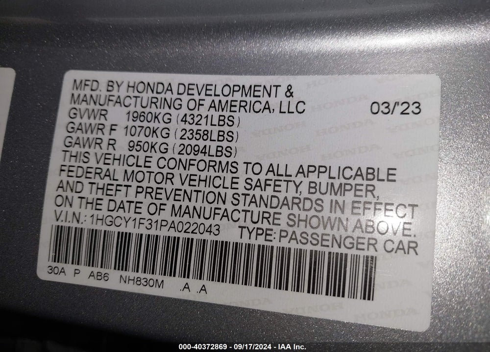 2023 HONDA ACCORD EX VIN: 1HGCY1F31PA022043