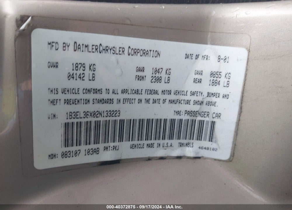 2002 DODGE STRATUS SE VIN: 1B3EL36X02N133223