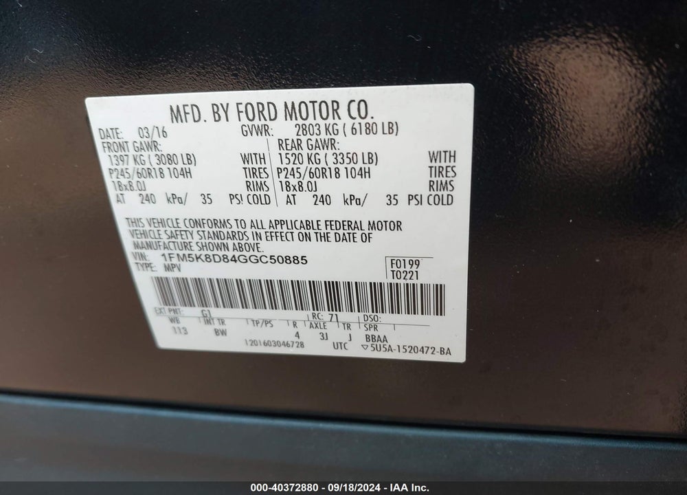 2016 FORD EXPLORER XLT VIN: 1FM5K8D84GGC50885
