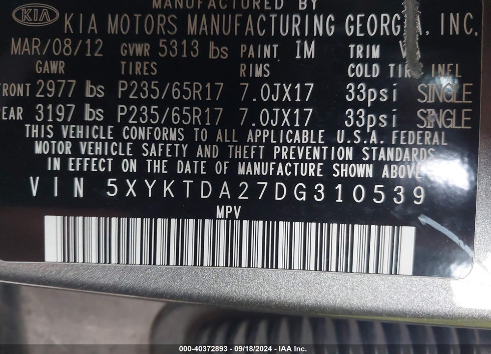 2013 KIA SORENTO LX V6 VIN: 5XYKTDA27DG310539