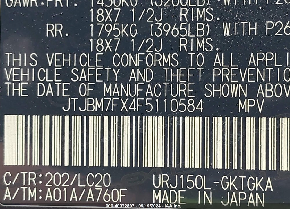 2015 LEXUS 460 VIN: JTJBM7FX4F5110584