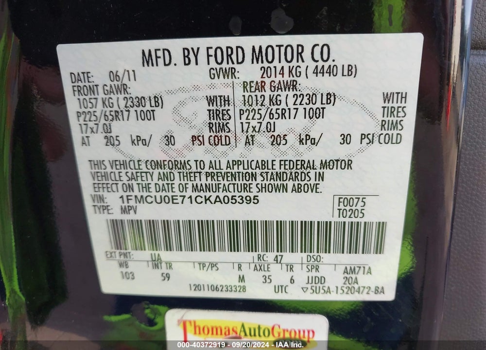2012 FORD ESCAPE LIMITED VIN: 1FMCU0E71CKA05395