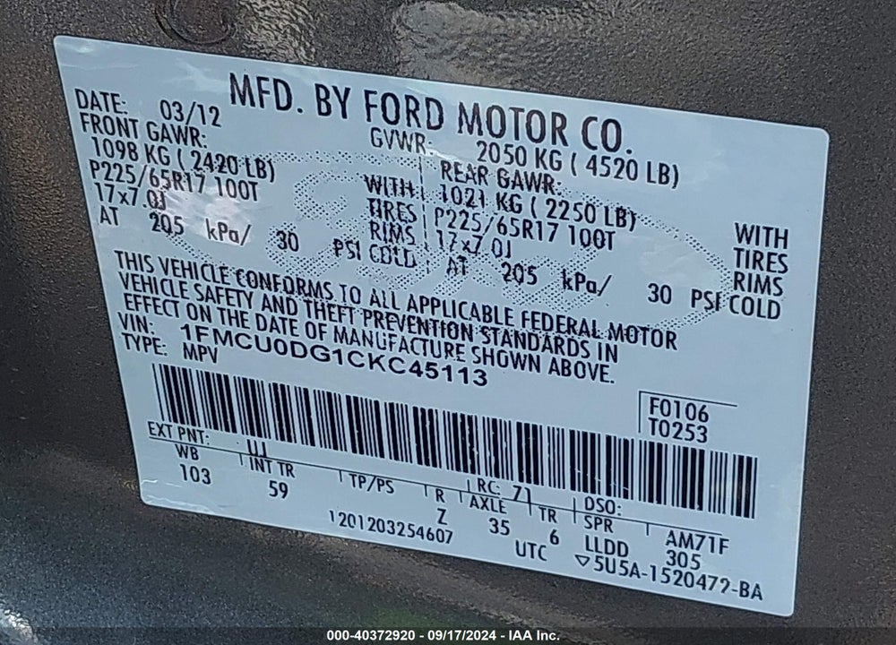 2012 FORD ESCAPE XLT VIN: 1FMCU0DG1CKC45113