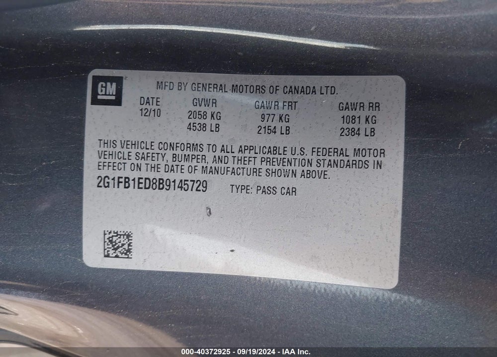 2011 CHEVROLET CAMARO 1LT VIN: 2G1FB1ED8B9145729