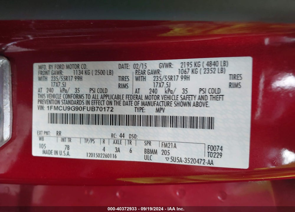 2015 FORD ESCAPE SE VIN: 1FMCU9G90FUB70172