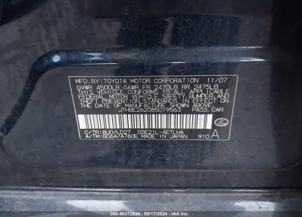 2008 LEXUS IS 350 VIN: JTHBE262085019563