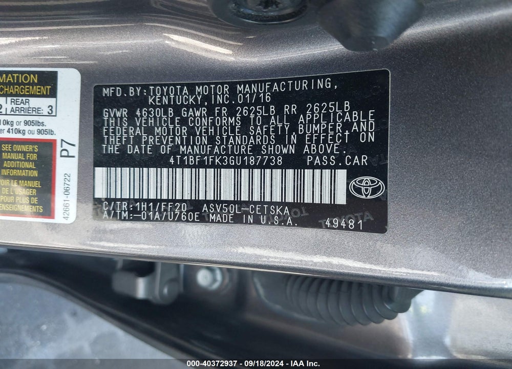 2016 TOYOTA CAMRY SE VIN: 4T1BF1FK3GU187738