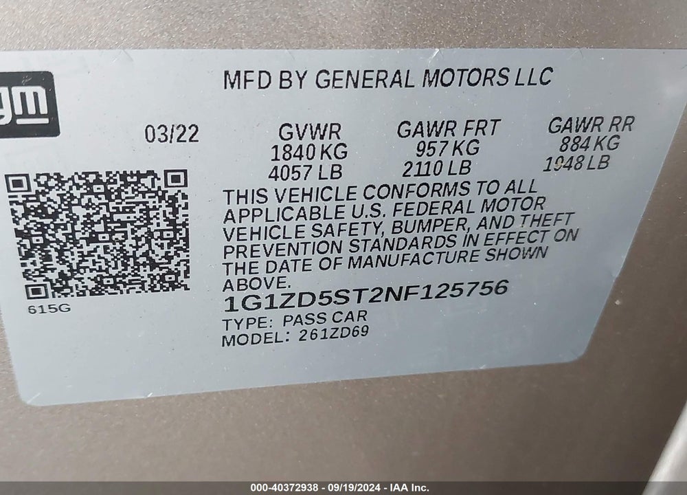 2022 CHEVROLET MALIBU FWD LT VIN: 1G1ZD5ST2NF125756