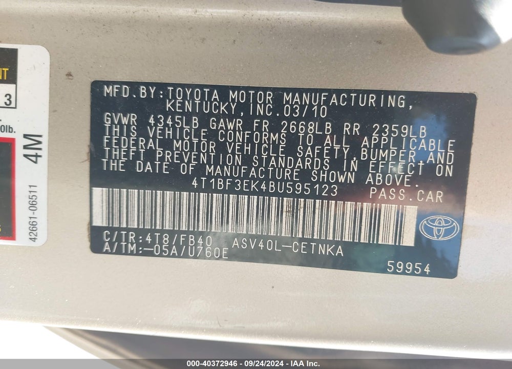 2011 TOYOTA CAMRY LE VIN: 4T1BF3EK4BU595123