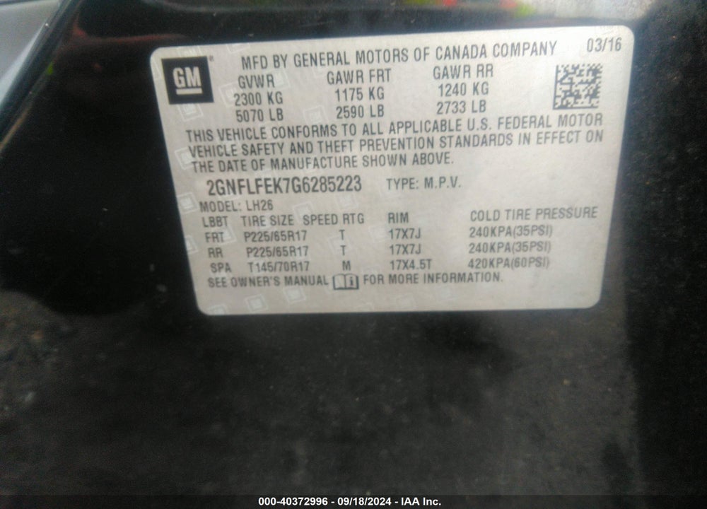 2016 CHEVROLET EQUINOX LT VIN: 2GNFLFEK7G6285223