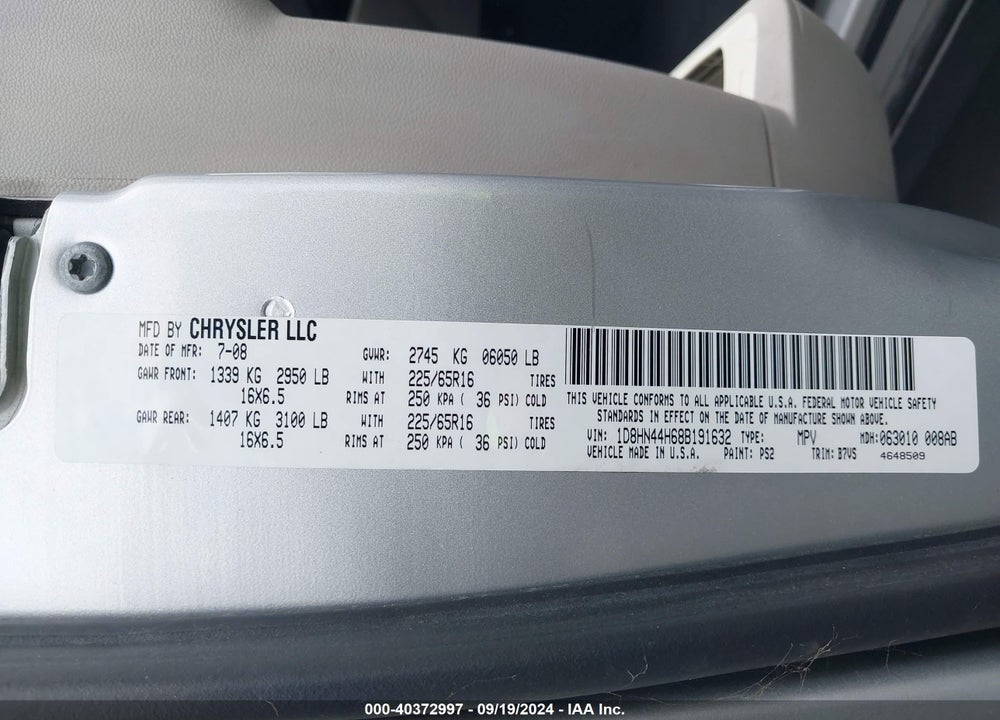 2008 DODGE GRAND CARAVAN SE VIN: 1D8HN44H68B191632
