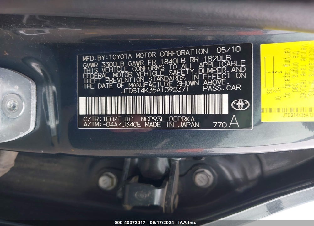 2010 TOYOTA YARIS VIN: JTDBT4K35A1392371