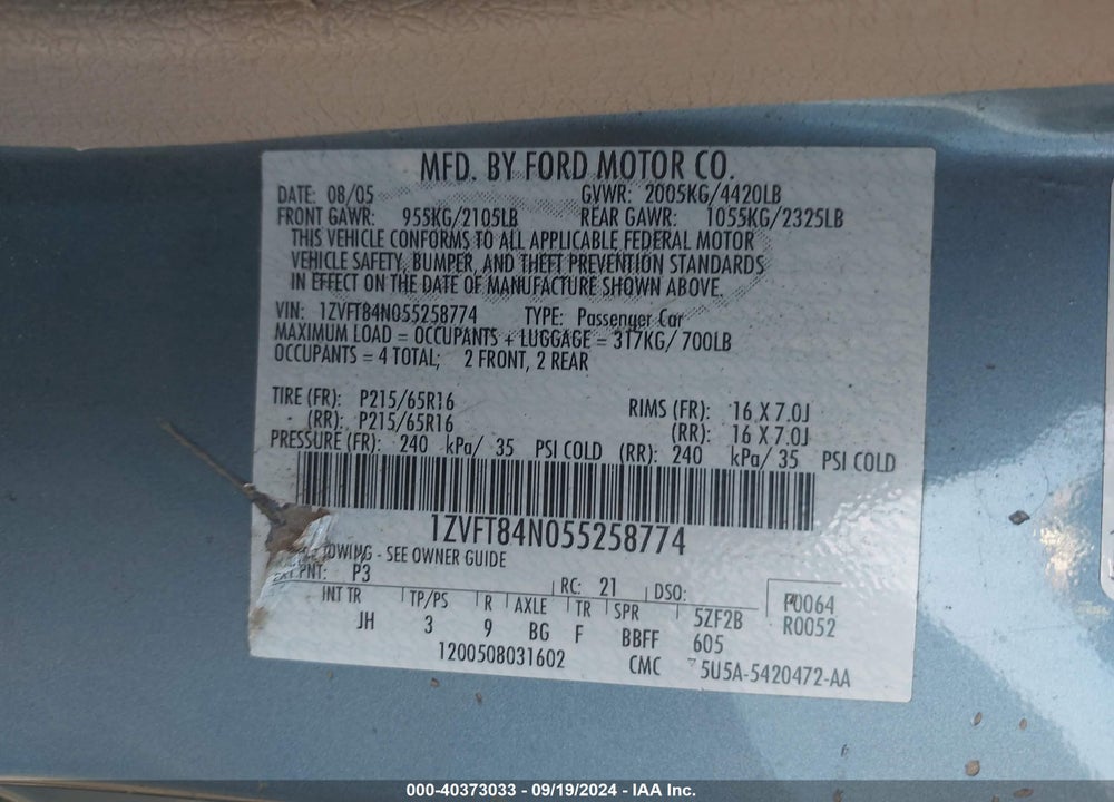 2005 FORD MUSTANG VIN: 1ZVFT84N055258774