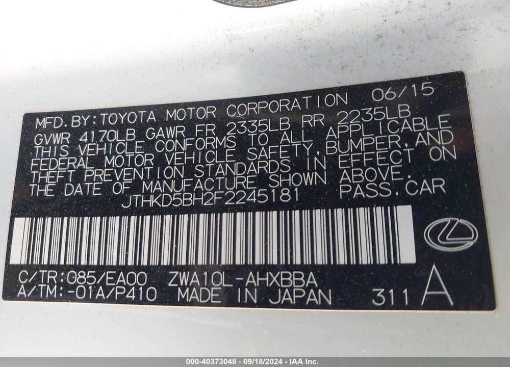 2015 LEXUS CT 200H VIN: JTHKD5BH2F2245181