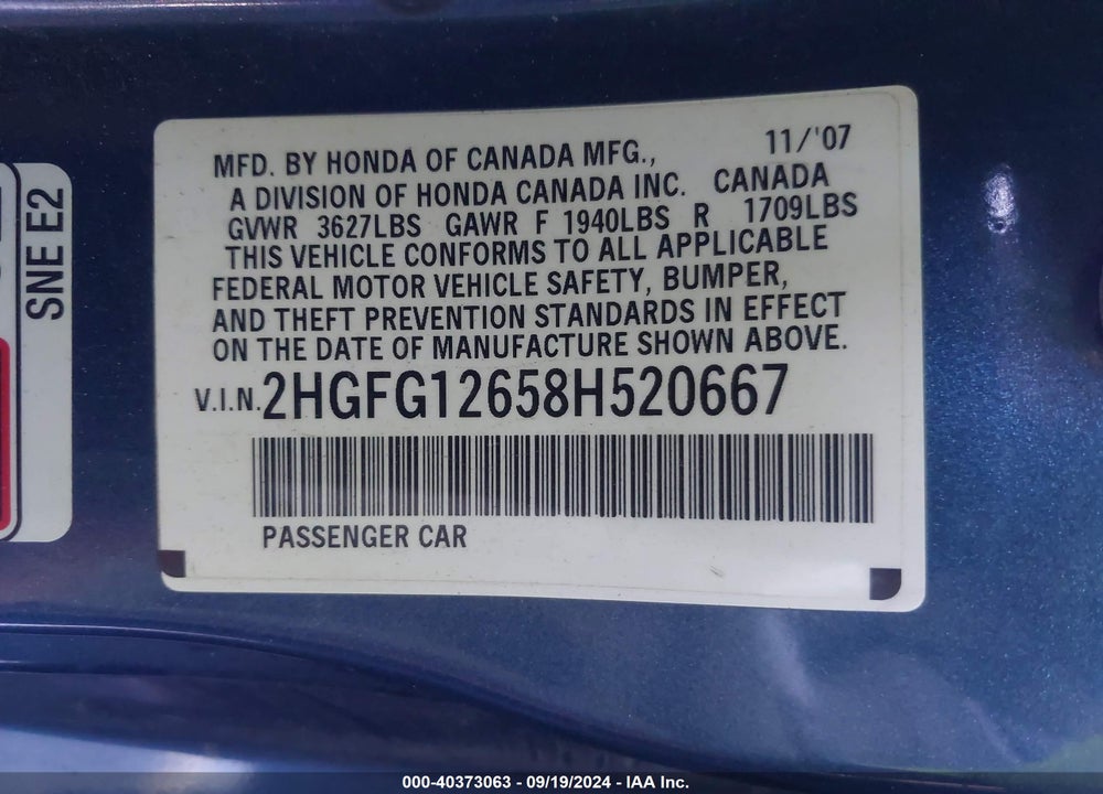 2008 HONDA CIVIC LX VIN: 2HGFG12658H520667