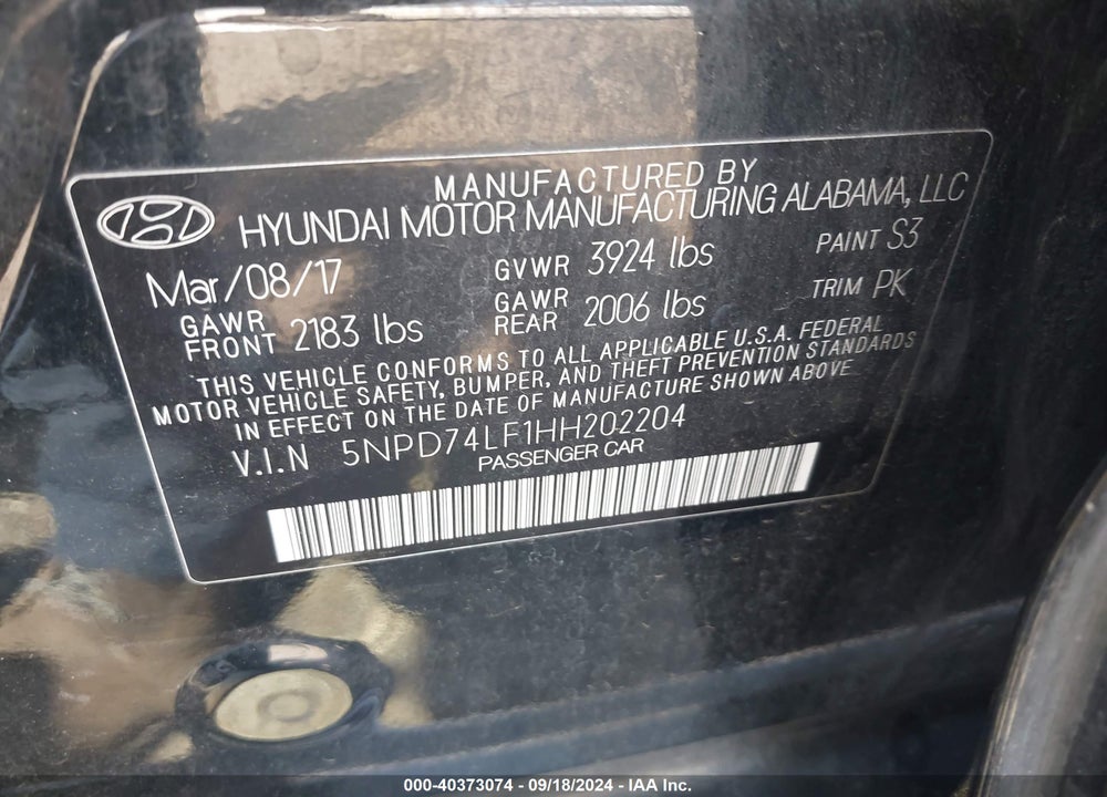 2017 HYUNDAI ELANTRA SE VIN: 5NPD74LF1HH202204