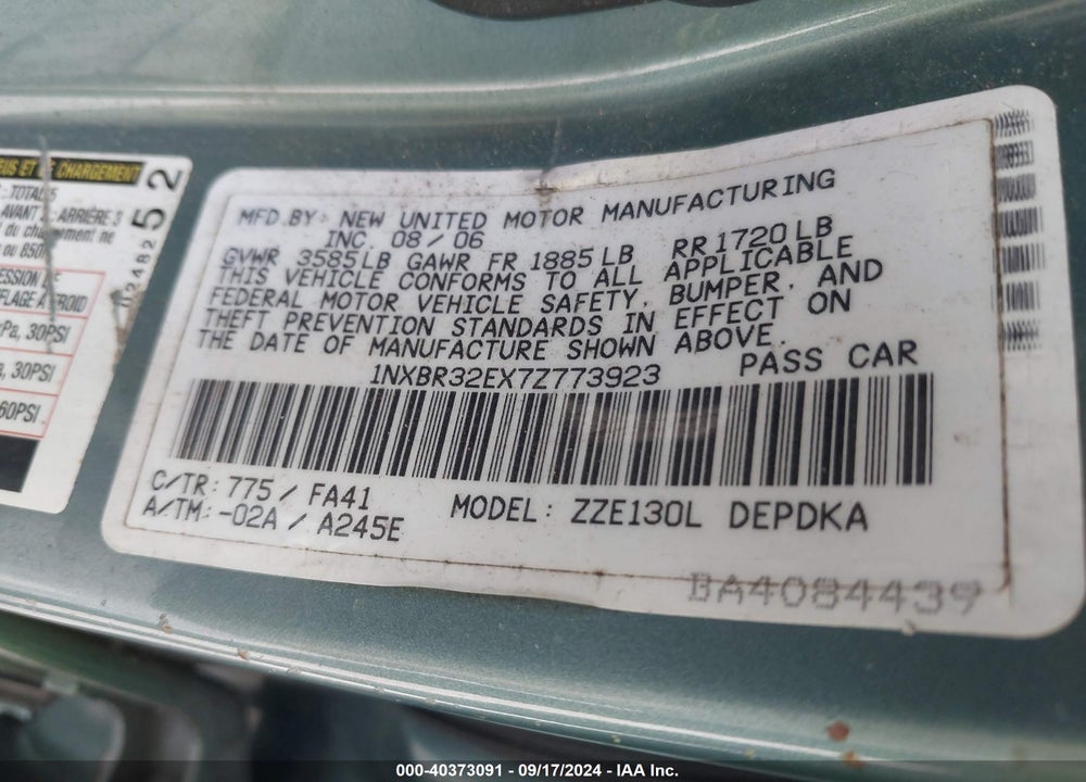 2007 TOYOTA COROLLA CE VIN: 1NXBR32EX7Z773923